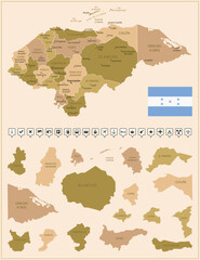 Hondura - detailed map of the country in brown colors, divided into regions.