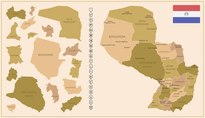 Paraguay - detailed map of the country in brown colors, divided into regions.