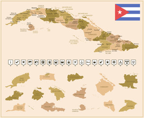 Cuba - detailed map of the country in brown colors, divided into regions. - obrazy, fototapety, plakaty