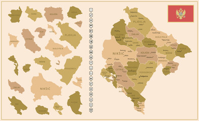 Montenegro - detailed map of the country in brown colors, divided into regions. - obrazy, fototapety, plakaty