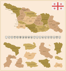 Georgia - detailed map of the country in brown colors, divided into regions. - obrazy, fototapety, plakaty