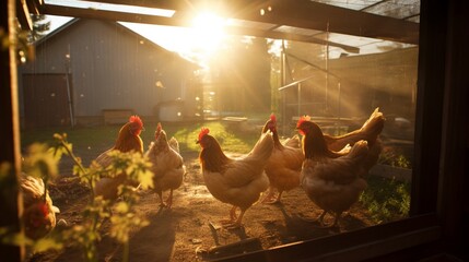 Sunlight filtering through a coop's wire mesh, casting intricate shadows on a group of contented hens as they scratch the earth for insects. - obrazy, fototapety, plakaty