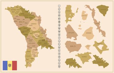 Moldova - detailed map of the country in brown colors, divided into regions.
