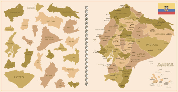 Ecuador - Detailed Map Of The Country In Brown Colors, Divided Into Regions.