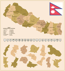 Nepal - detailed map of the country in brown colors, divided into regions. - obrazy, fototapety, plakaty