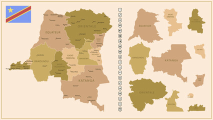 Democratic Republic of the Congo - detailed map of the country in brown colors, divided into regions.