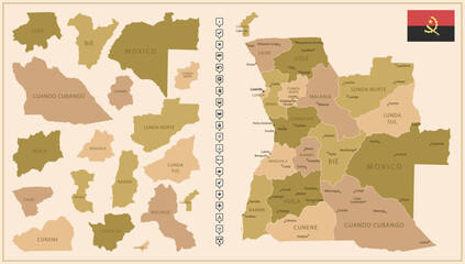 Angola - detailed map of the country in brown colors, divided into regions.