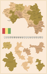 Guinea - detailed map of the country in brown colors, divided into regions.