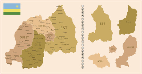 Rwanda - detailed map of the country in brown colors, divided into regions.