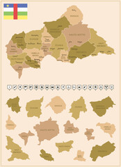 Central African Republic - detailed map of the country in brown colors, divided into regions.