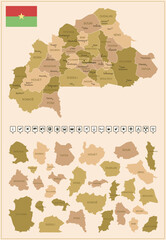 Burkina Faso - detailed map of the country in brown colors, divided into regions.