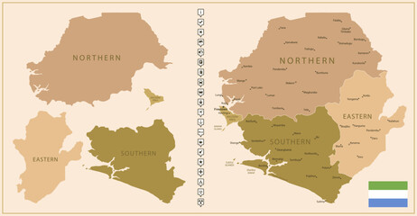 Sierra Leone - detailed map of the country in brown colors, divided into regions.