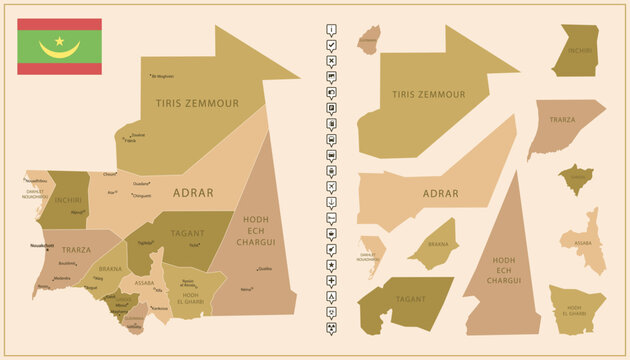 Mauritania - detailed map of the country in brown colors, divided into regions.