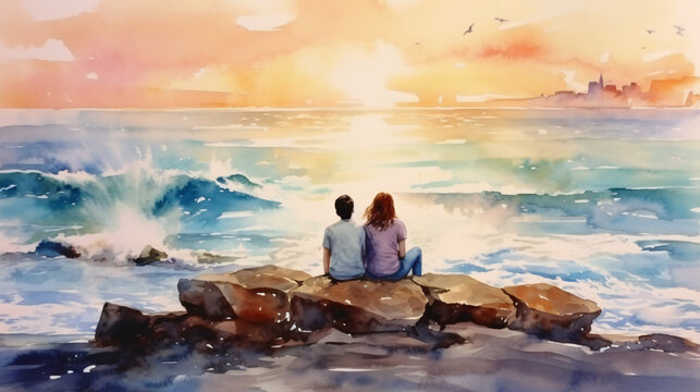 Painting watercolor seascape Top view colorful