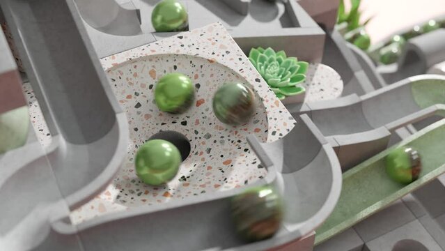 Relaxing marble run machine with plant decoration. Satisfying rolling ball sculpture with concrete and terrazzo track blocks. 3d animation