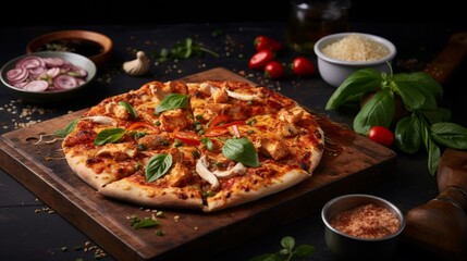 Thai Chicken Pizza on a marble serving board with ingredients neatly arranged, creating an elegant and appetizing composition.