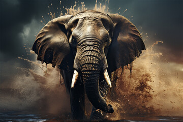 an elephant running in the mud