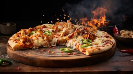 Thai Chicken Pizza on a rustic wooden pizza peel, with steam rising from the hot crust, creating a mouthwatering scene.