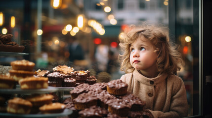 A child looks at a shop window with sweets.