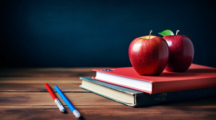 Pencil tray and an apple on notebooks on school desk