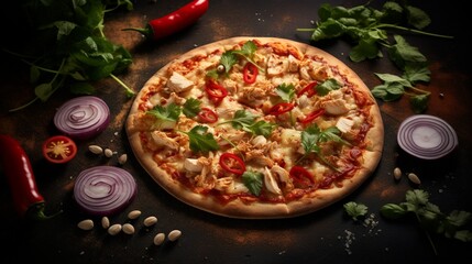 Thai Chicken Pizza on a textured background, creating a visually interesting and appetizing composition.