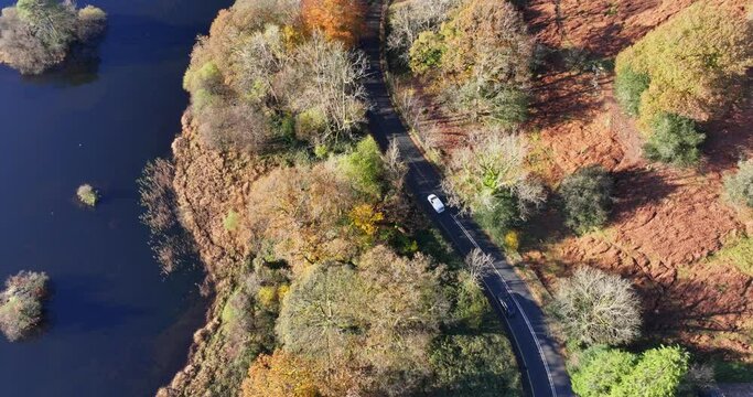 Bird's eye view over the countryside road of Rydal, in the lake district area of Cumbria. 