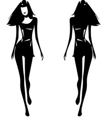 A slender girl model is on the catwalk. Front and back views. Stylization. Black silhouette on a white background. Vector