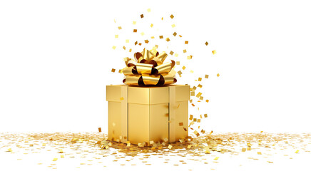 Golden gift box with confetti, cut out