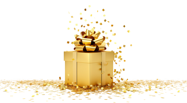 Golden gift box with confetti, cut out