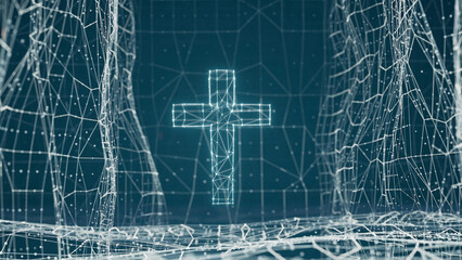Explore the emergence of a church cross from the interconnected matrix of floating molecule networks on the internet.