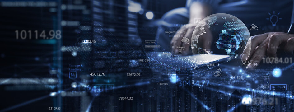 Data science, digital technology, internet global network concept. Computer programmer using digital tablet with data center and big data management, innovation technology background