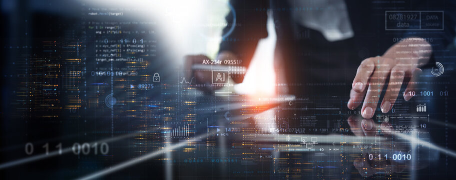 Computer programmer coding on modern computer with AI Artificial Intelligence. Data science, software development, cloud computing, digital technology, big data management, data exchange concept