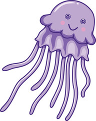 Jellyfish cute cartoon illustration. Funny purple jellyfish isolated on transparent background. Vector graphic
