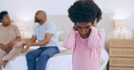 Scared kid, angry parents or divorce in fight or home bedroom with stress, black family conflict or breakup. Mother in argument, dad or girl child with fear, anxiety or trauma from emotional crisis - obrazy, fototapety, plakaty