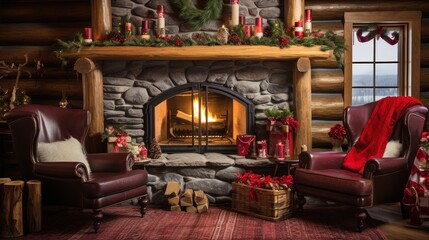 Log house decorated for Christmas. Cozy interior