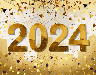 modern 2024 new year eve background with golden confetti - obrazy, fototapety, plakaty