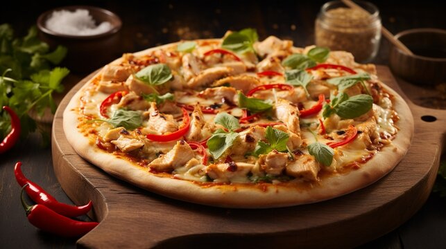 Thai Chicken Pizza with a creative arrangement of chili peppers, hinting at its spicy and bold flavor.
