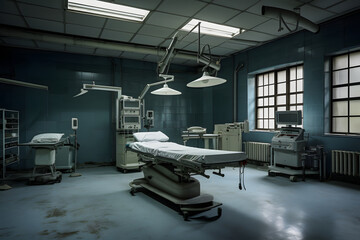 Dirty operating theater with no people illuminated by natural light - obrazy, fototapety, plakaty