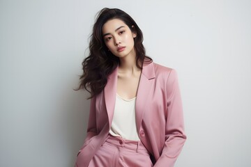 Portrait of a beautiful Japanese business woman posing in a pink suit. Generative AI. - Powered by Adobe