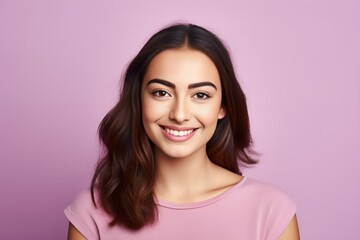 Fototapeta premium Isolated studio portrait of a young white woman wearing a casual blank t-shirt. Generative AI.