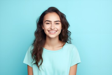 Fototapeta premium Isolated studio portrait of a young white woman wearing a casual blank t-shirt. Generative AI.
