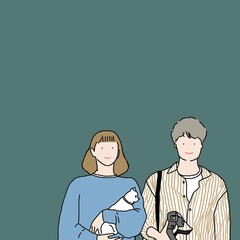 Obraz premium A couple with a cat in the woman's arm and the camera in man's hand are standing together on a blue background