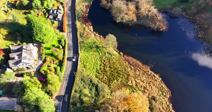 Bird's eye view over the countryside road of Rydal, in the lake district area of Cumbria. 