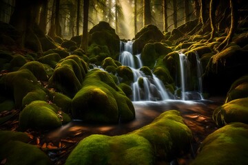 A hidden waterfall in a moss-covered forest, the rocks glistening in the soft light of the evening sun