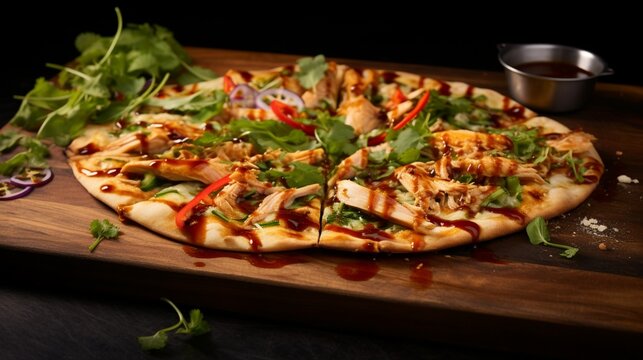 Thai Chicken Pizza with a drizzle of spicy sauce, creating a dynamic visual element.