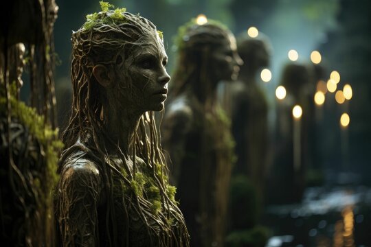 An ethereal scene featuring forest creatures illuminated by a soft, golden light, ents, dryads