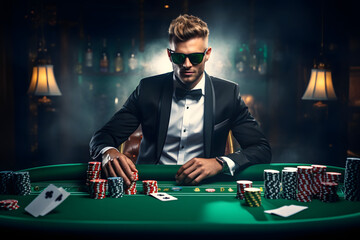 Attractive man with sunglasses playing cards at the casino
