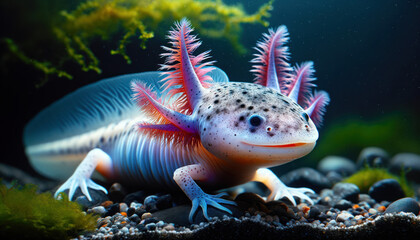 Horizontal photo of an axolotl in underwater habitat, showcasing unique features.
