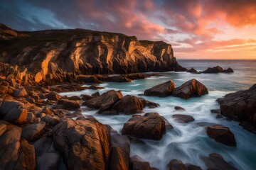 A hidden cove with rocky cliffs, the waves gently lapping against the shore, under the canvas of a vibrant evening sky