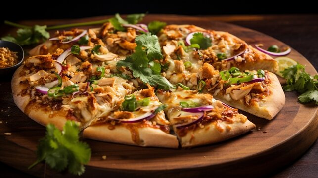 Thai Chicken Pizza with a sprinkle of crushed peanuts and fresh cilantro, adding a burst of flavor and texture to the image.